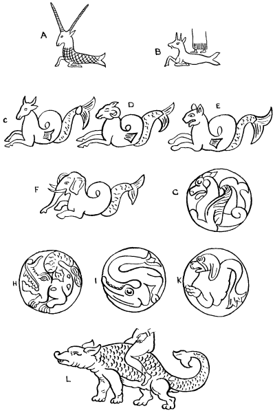 Fig. 14. A. The so-called "sea-goat" of Babylonia, a creature compounded of the antelope and fish of Ea. B. The "sea-goat" as the vehicle of Ea or Marduk. C to K—a series of varieties of the makara from the Buddhist Rails at Buddha Gaya and Mathura, circa 70 b.c.-70 a.d., after Cunningham ("Archæological Survey of India," Vol. III, 1873, Plates IX and XXIX). L. The makara as the vehicle of Varuna, after Sir George Birdwood. It is not difficult to understand how, in the course of the easterly diffusion of culture, such a picture should develop into the Chinese Dragon or the American Elephant-headed God.