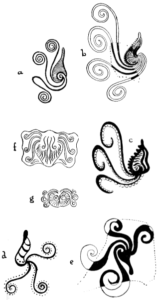 Fig. 23.—A series of Mycenæan conventionalizations of the Argonaut and the Octopus (after Tümpel), which provided the basis for Houssay's theory of the origin of the triskele (a, c, and d) and swastika (b and e), and Siret's theory to explain the design of Bes's face (f and g)