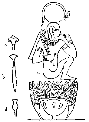 Fig. 7. (a) An Egyptian design representing the sun-god Horus emerging from a lotus, representing his mother Hathor (Isis). (b) Papyrus sceptre often carried by goddesses and animistically identified with them either as an instrument of life-giving or destruction. (c) Conventionalized lily—the prototype of the trident and the thunder-weapon. (d) A water-plant associated with the Nile-gods.