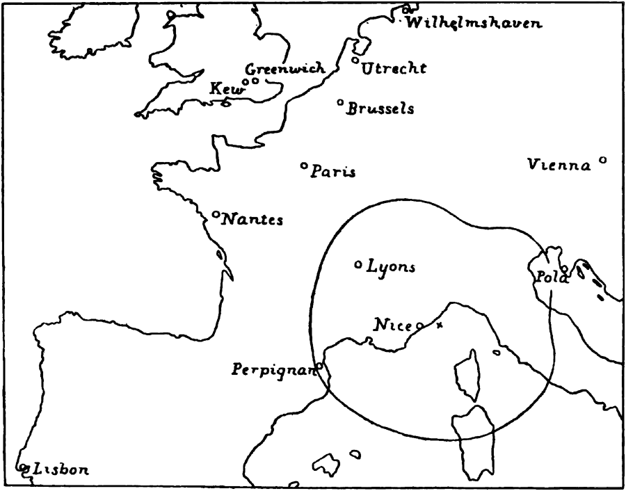 Distribution of observatories at which magnetographs were disturbed by the Riviera earthquake.