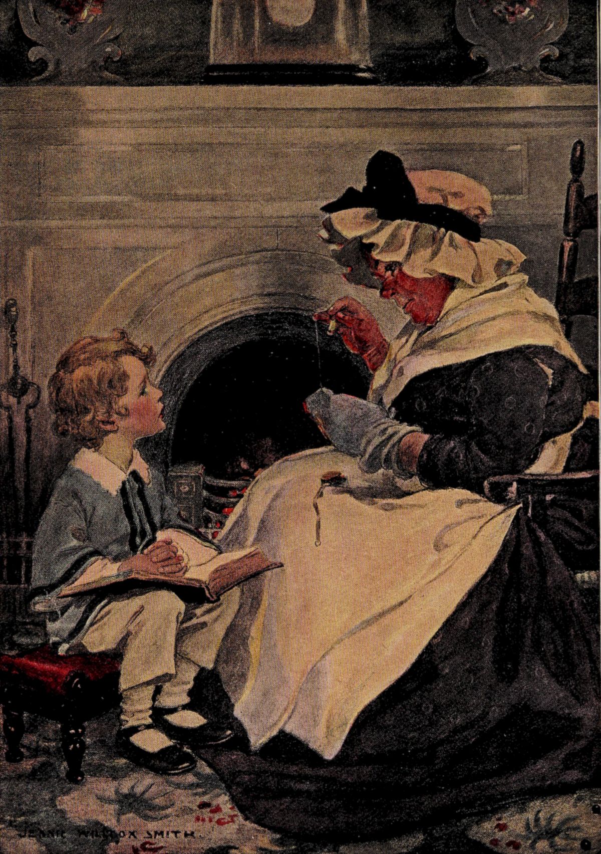 The image shows a young boy with curly hair, dressed in vintage  clothing, sitting on a stool with an open book. He looks up at an older  woman in a bonnet and apron, who is sewing by the fireplace.