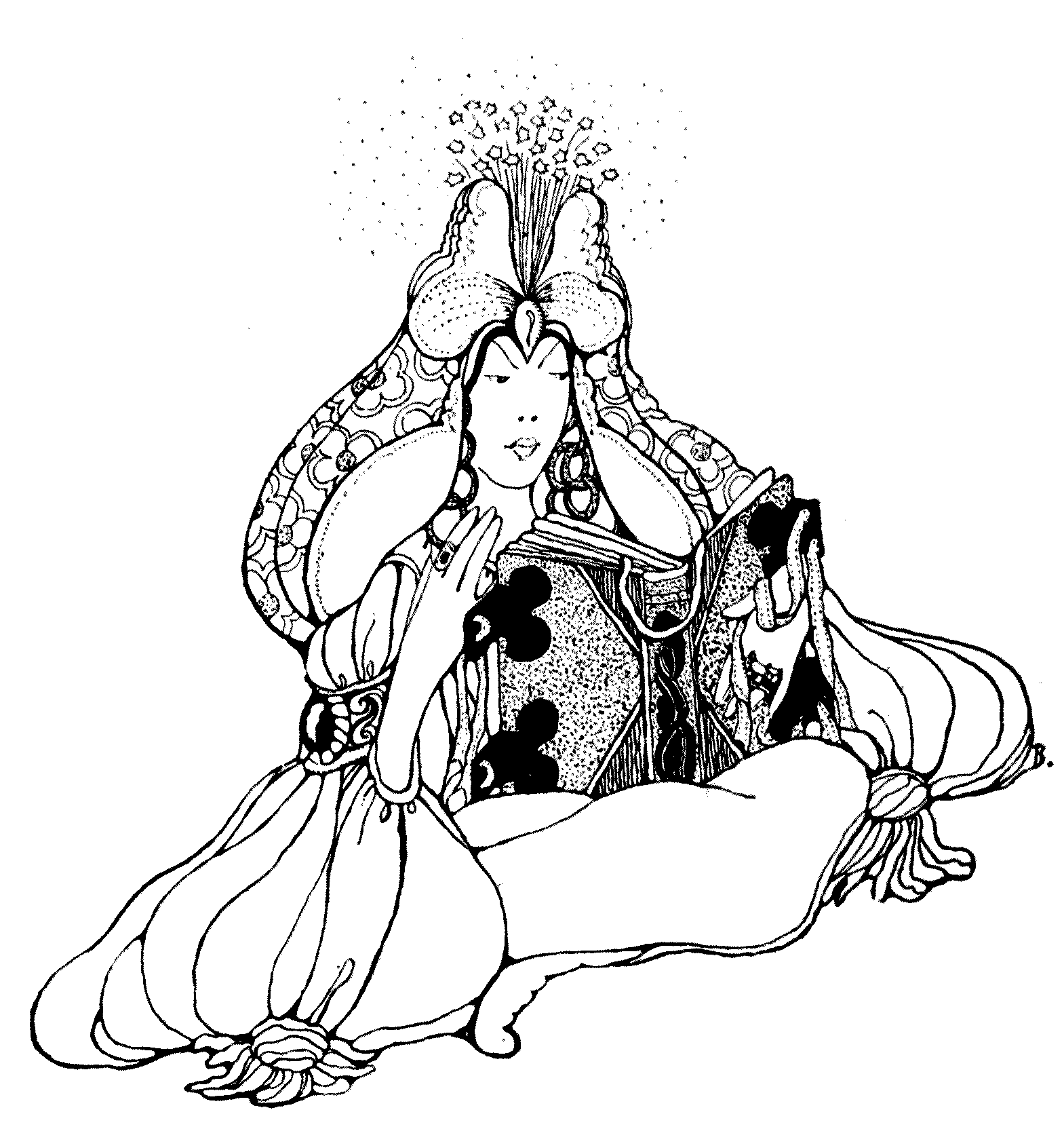 a woman, dressed in rich clothes, sitting cross-legged, reading a book