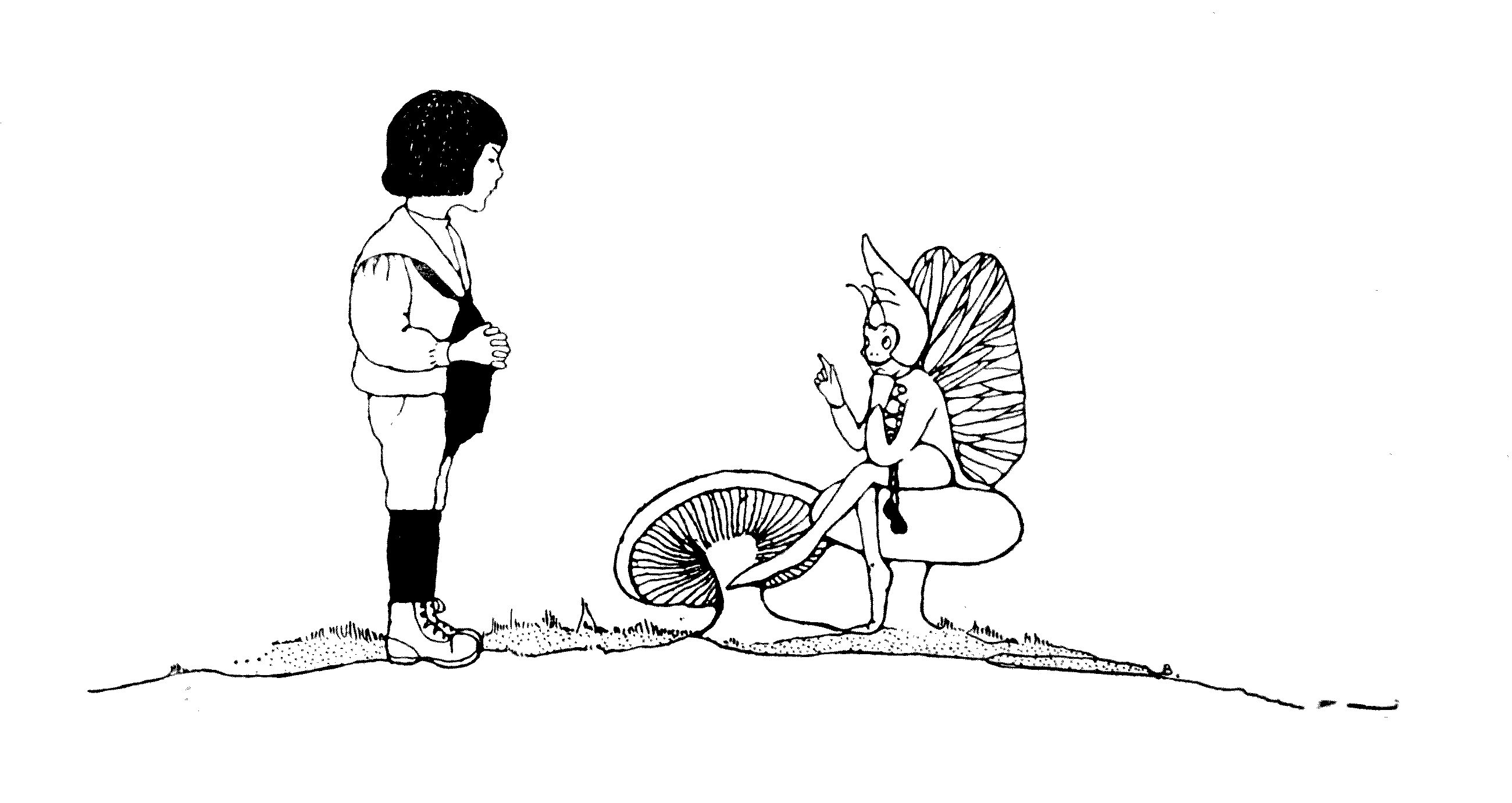 a child in front of an elf, seated on a mushroom