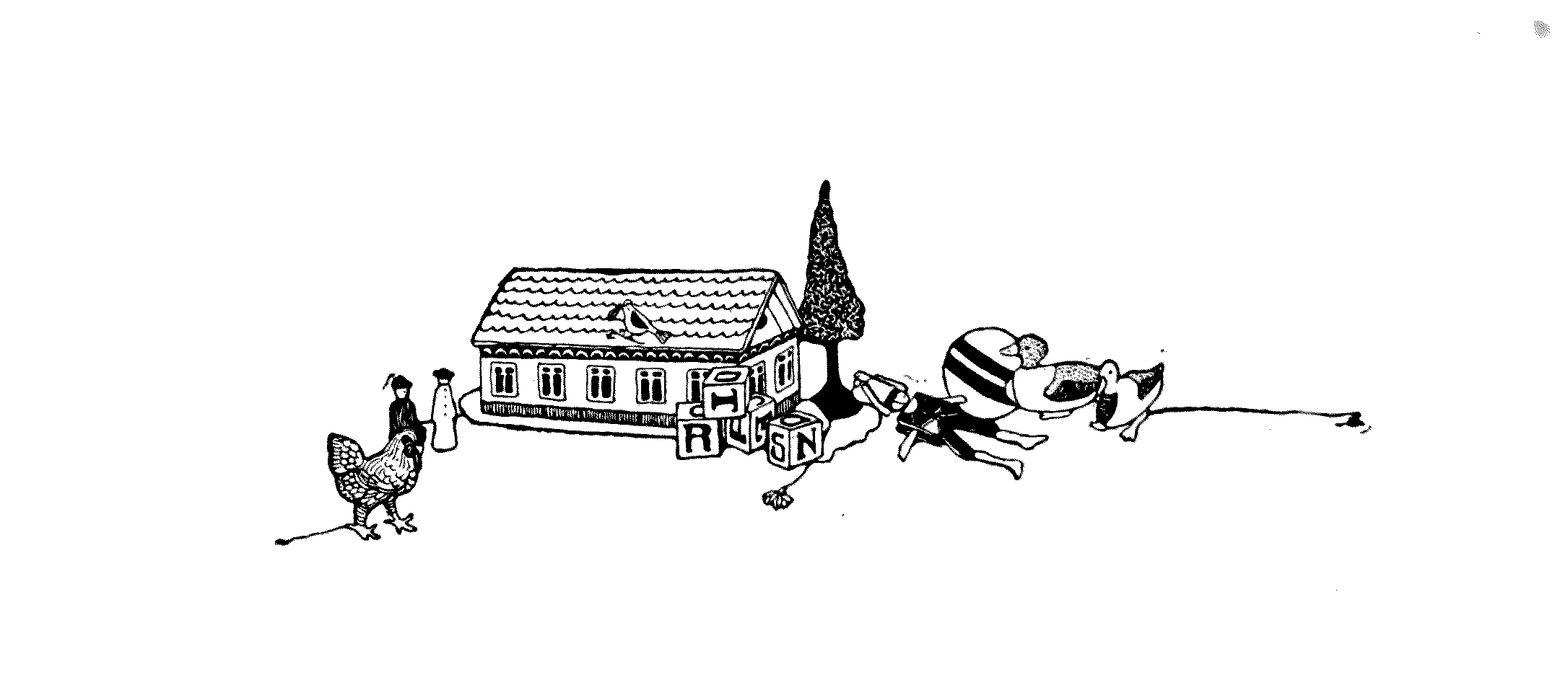 some toys: a little house and tree, animals ans doll