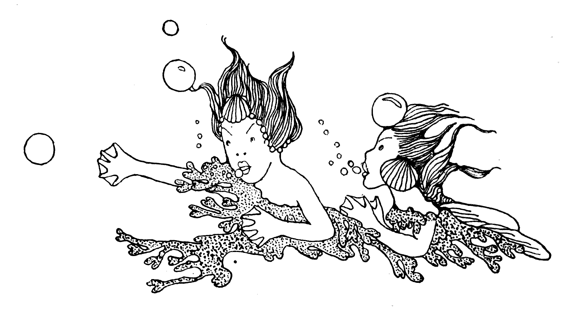mermaids among seaweeds and bubbles