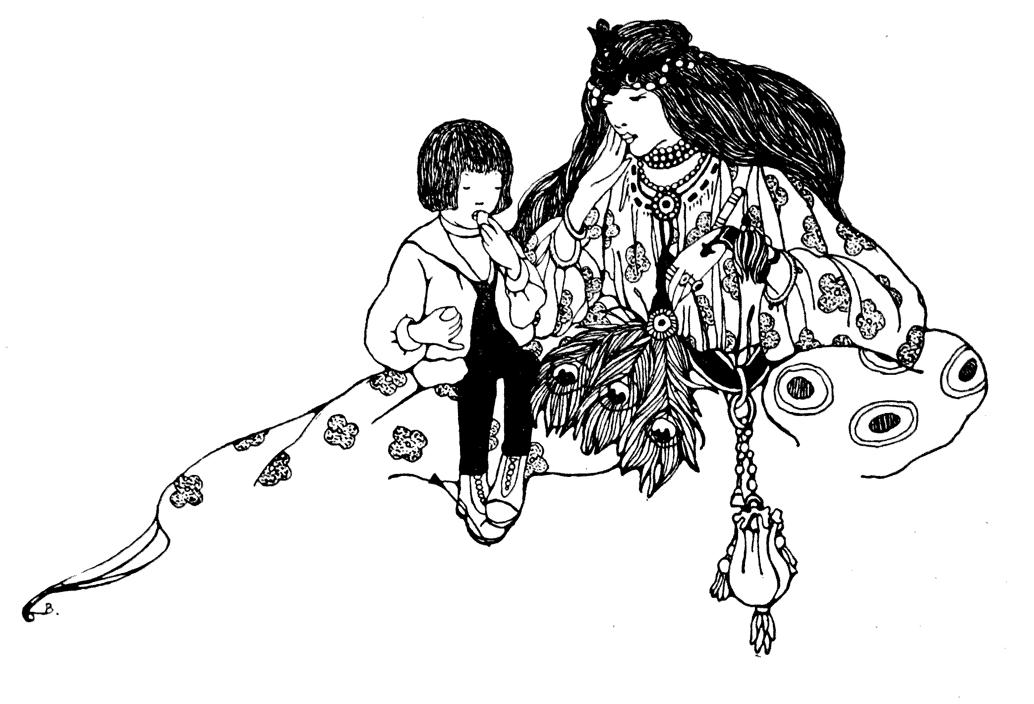 child sitting beside a dark-haired woman, eating