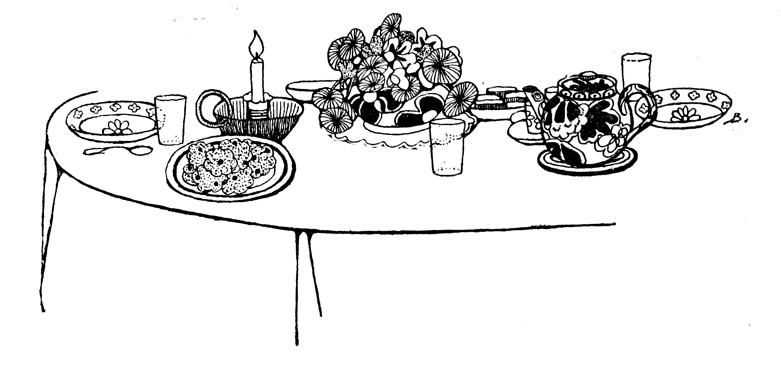 table, covered with food, plates, a teapot, a candle and flowers