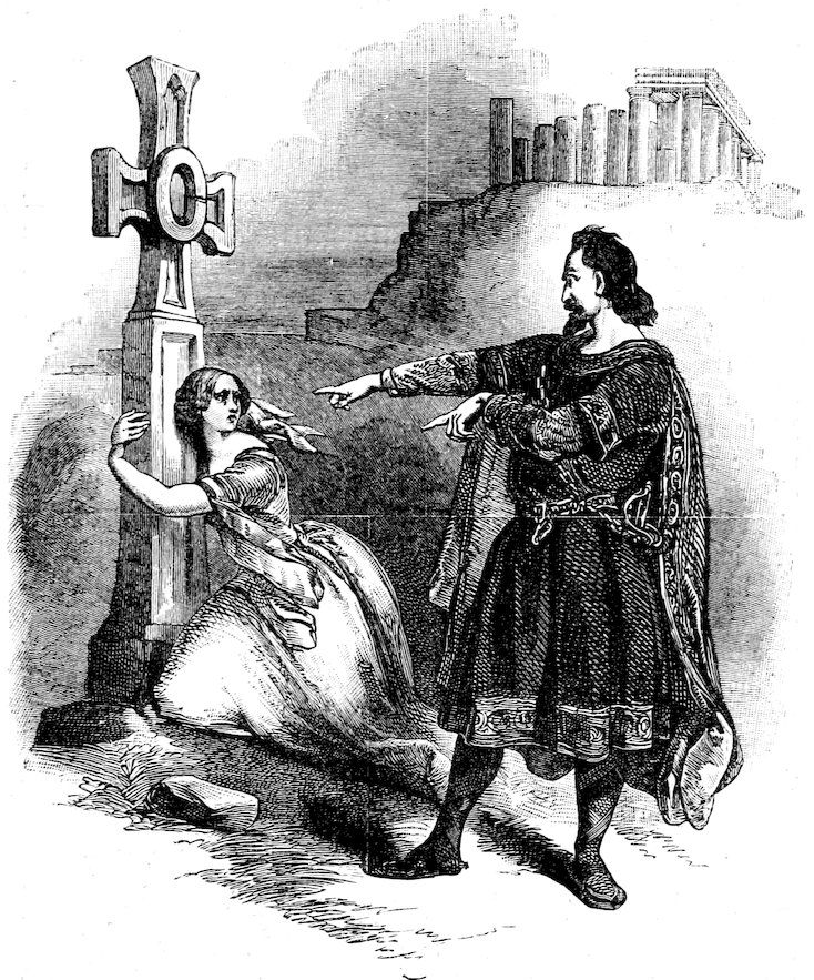 An engraving of a bearded man in medieval attire pointing accusingly at a woman kneeling and clinging to a stone cross.