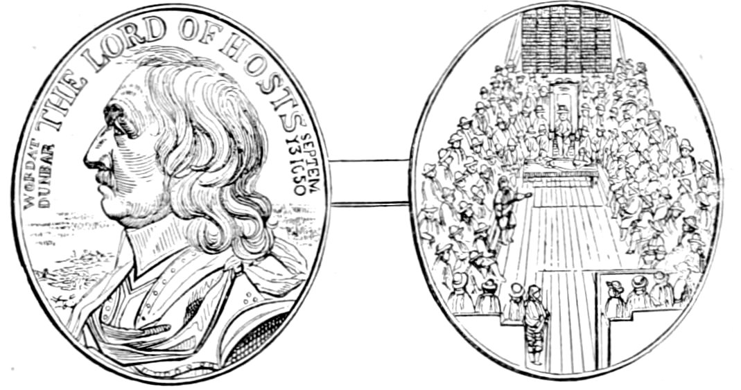 Illustration with two oval panels connected side-by-side. Left panel shows a profile portrait labeled “The Lord of Hosts,” identified as Oliver Cromwell, with the date September 1650. Right panel shows a large parliamentary or assembly hall filled with seated figures facing a central speaker.