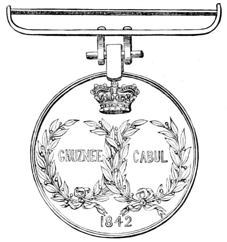 A line drawing of a circular military medal with a crown at the top and the inscriptions GHUZNEE and CABUL inside a laurel wreath, dated 1842.