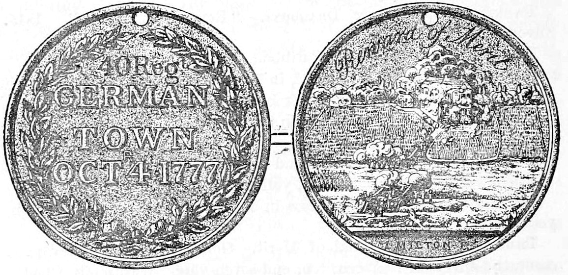 A line drawing showing the obverse and reverse of a circular military medal. The left side features a laurel wreath with text '40 Regt GERMAN TOWN OCT 4 1777'. The right side depicts a battle scene at a large house with 'Reward of Merit' inscribed above.