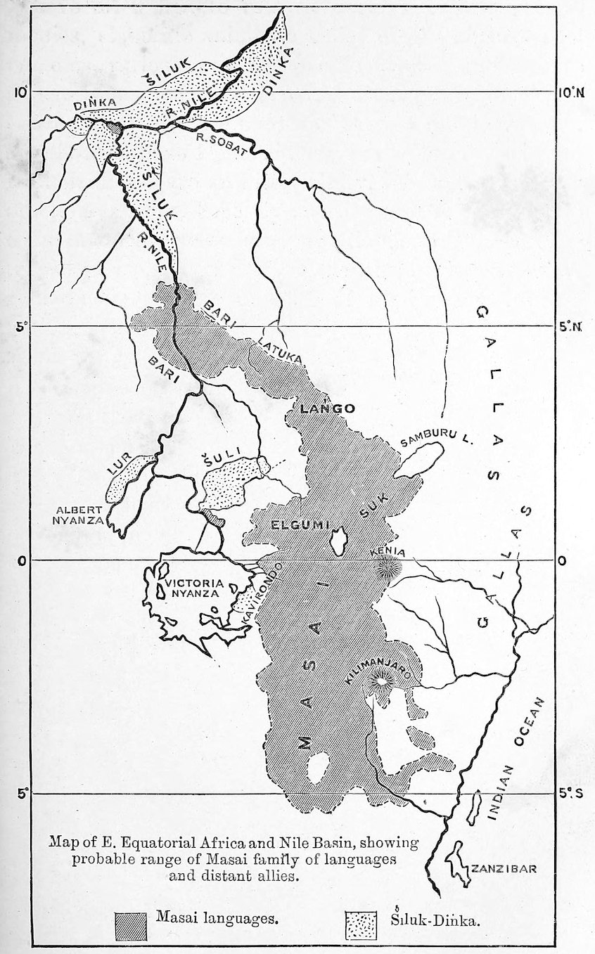 Map of E. Equatorial Africa and Nile Basin, showing probable range of Masai family of languages and distant allies.