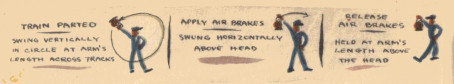 Image unavailable: TRAIN PARTED

SWING VERTICALLY IN CIRCLE AT ARM’S LENGTH ACROSS TRACKS

APPLY AIR BRAKES

SWUNG HORIZONTALLY ABOVE HEAD

RELEASE AIR BRAKES

HELD AT ARM’S LENGTH ABOVE THE HEAD