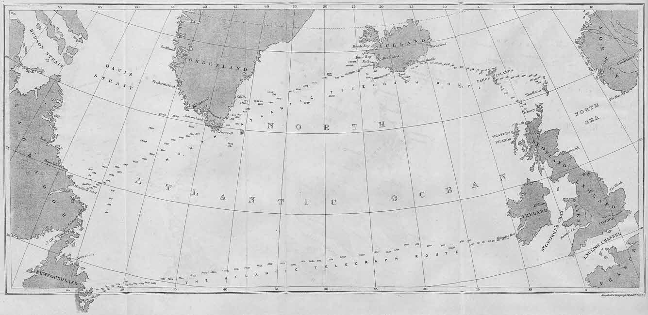 Map showing the routes across the Atlantic Ocean for the North Atlantic telegraph cable and the Atlantic telegraph cable.