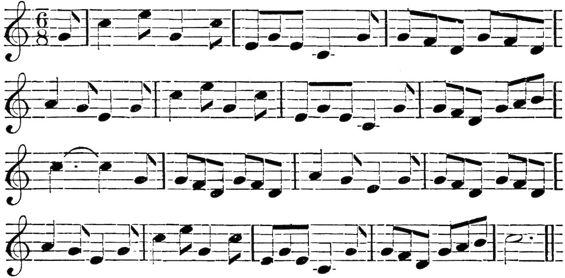Vintage printed sheet music in treble clef showing several lines of a melody with quarter and eighth notes on aged paper.