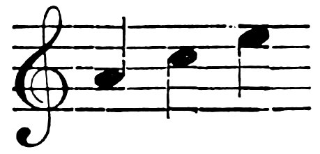 A musical staff with a treble clef showing three quarter notes ascending in pitch.