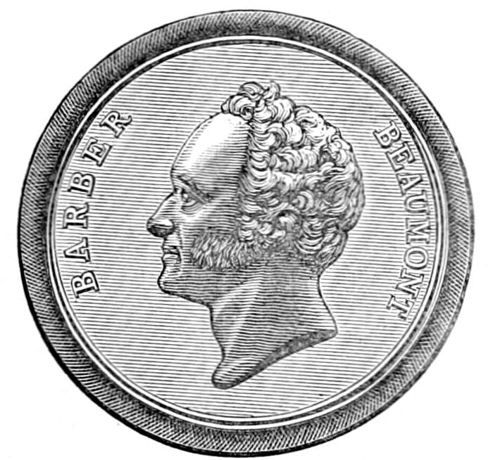 A circular line drawing of a commemorative medal featuring the profile of a man with curly hair and sideburns, with the name BARBER BEAUMONT inscribed around the edges.